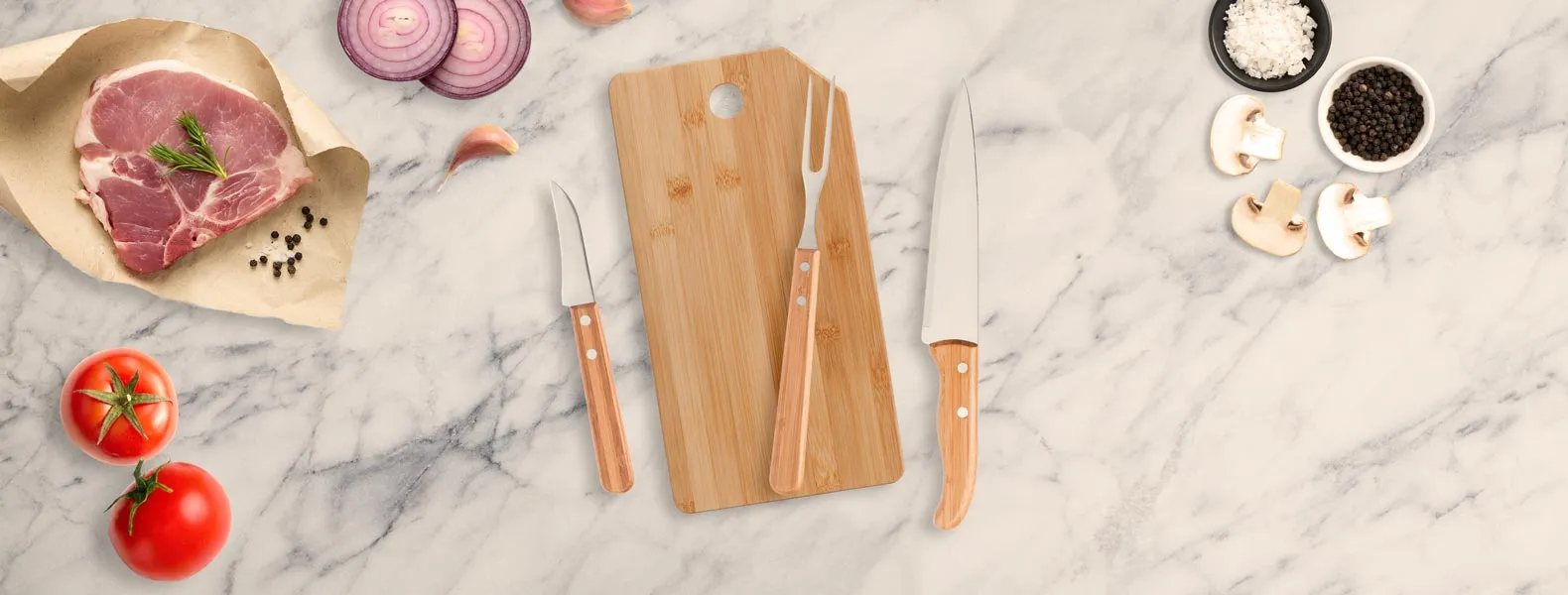 Kit Cozinha em Bambu com Facas e Garfo Personalizado