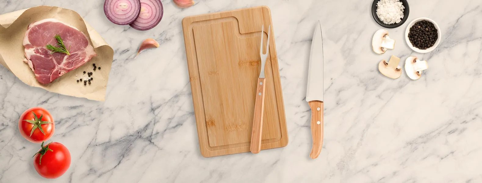 Kit para Churrasco em Bambu com Tábua 32Cm com Logo