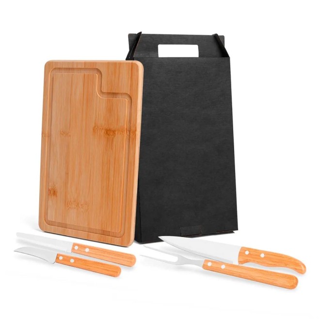 Kit para Churrasco em Bambu com Tábua Retangular e Facas com Logo Kit para Churrasco em Bambu com Tábua Retangular e Facas com Logo