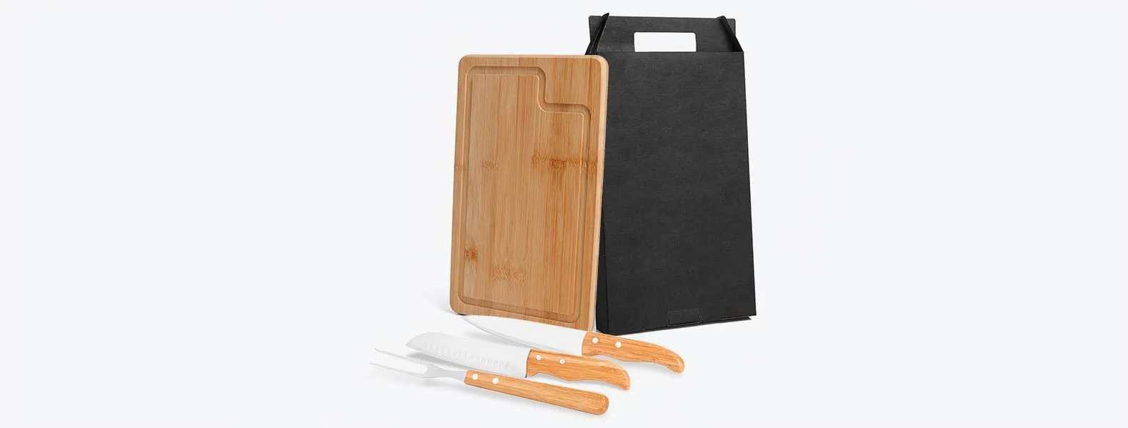 Kit para Churrasco em Bambu/Inox com Faca Santoku com Logo 