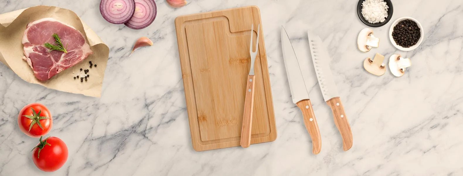 Kit para Churrasco em Bambu/Inox com Faca Santoku com Logo 