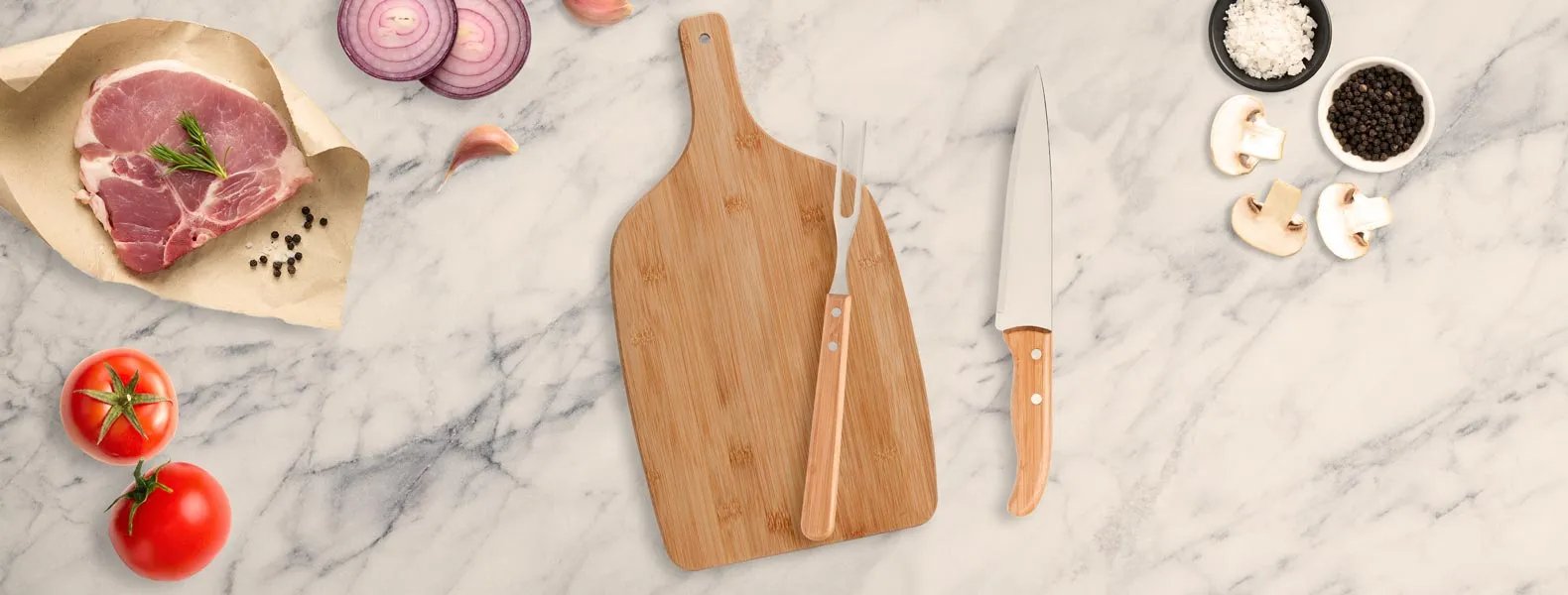 Kit para Cozinha em Bambu com Tábua e Facas com Logo