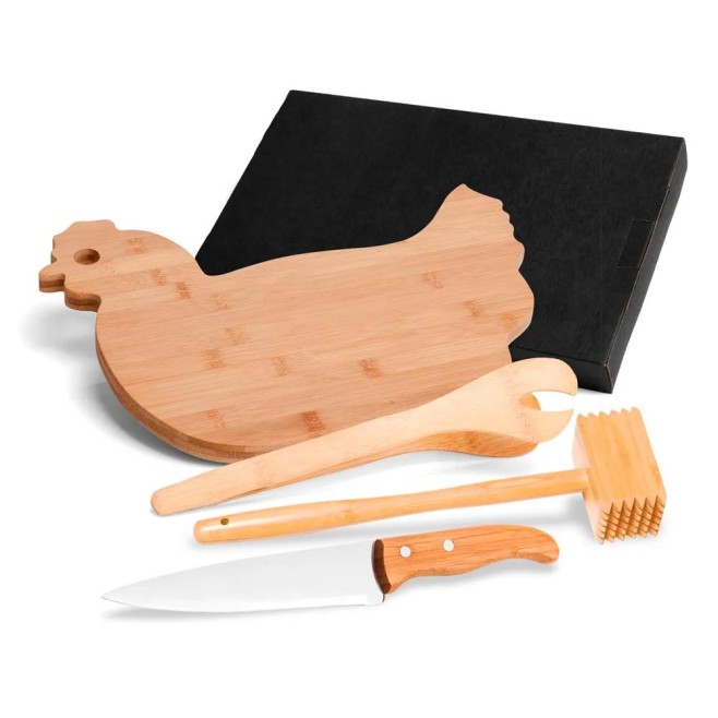 Kit para Cozinha em Bambu com Tábua Formato Galinhao com Logo Kit para Cozinha em Bambu com Tábua Formato Galinhao com Logo