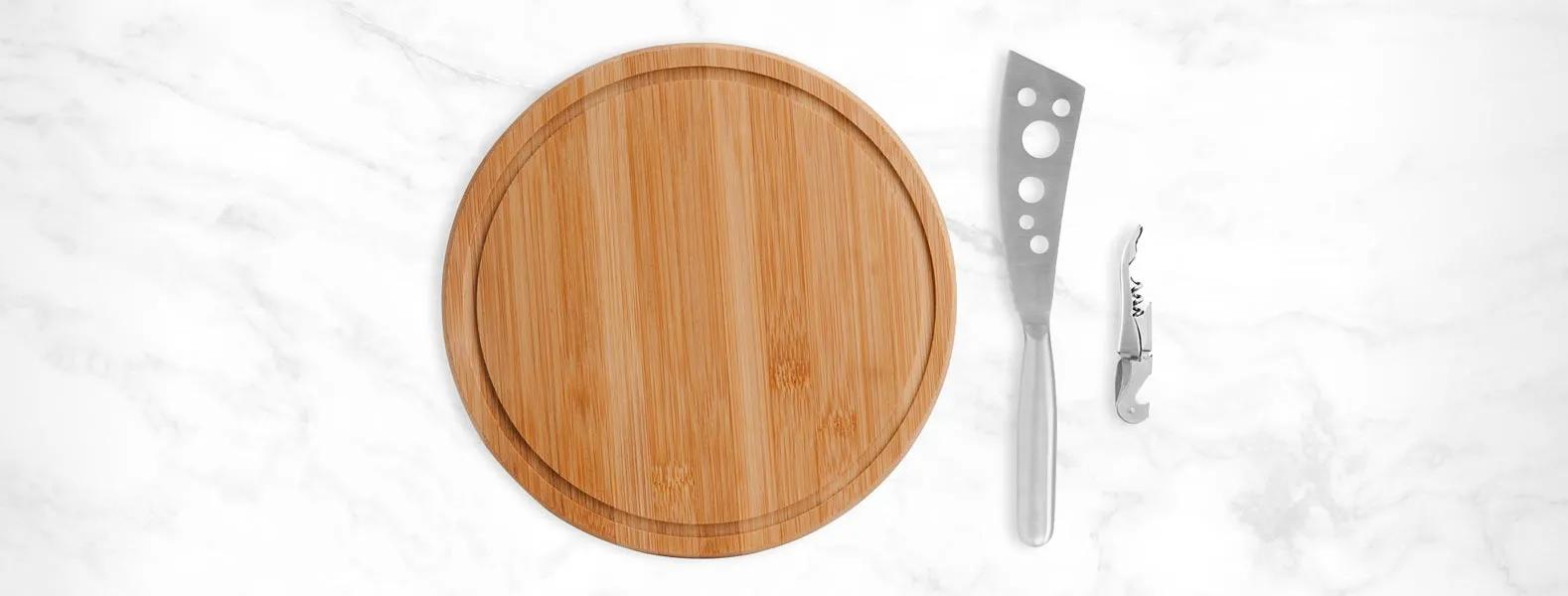 Kit Queijo E Vinho c/Tábua, Faca E Abridor 3 Peças com Logo 