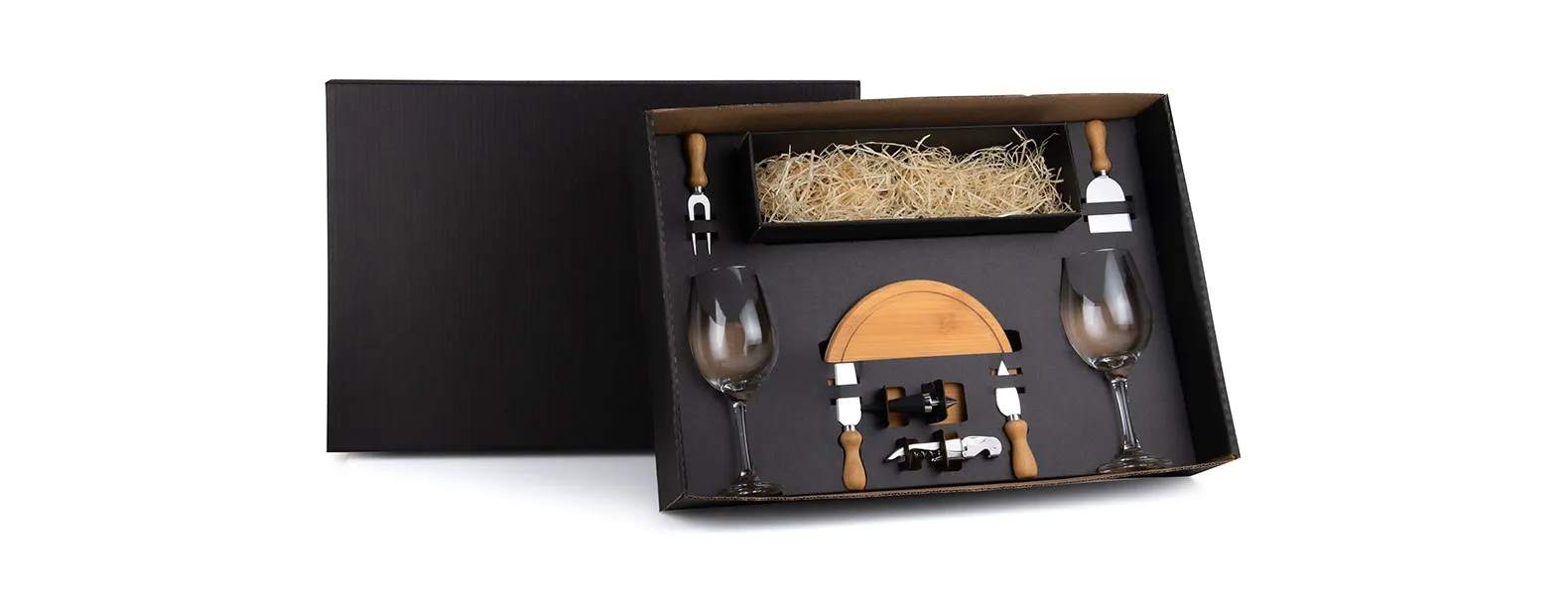 Kit Queijo e Vinho Com Espaço Para Garrafa 9 Peças com Logo 